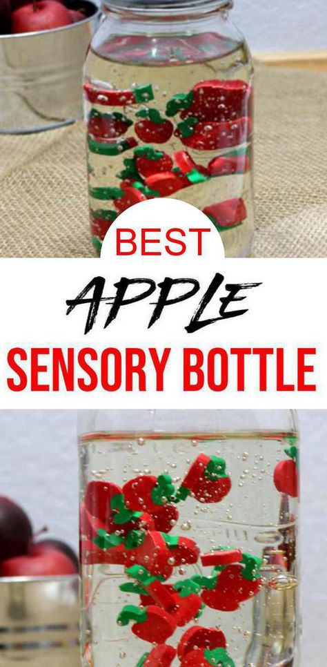 FALL Crafts for kids! Fun apple sensory bottle that babies, toddlers, kids & children love. EASY to make sensory bottle. Homemade DIY sensory bottles w/ this apple craft projects. Discovery bottles that are great for all ages. If you are looking for calm down jars then check out this DIY craft. Super easy, fun & coolest sensory bottles #diy #crafts Toddler Apple Crafts, Sensory Bottle Ideas, Apple Sensory, Diy Sensory Bottles, Sensory Bottles For Toddlers, Calming Jar, Calm Down Jar, Preschool Apple Theme, Toddler Sensory Bins