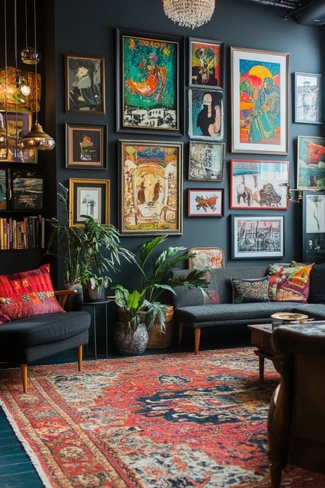 "Elevate your home decor with a Maximalist Art Gallery Wall! 🎨🖼️ This design trend is all about embracing bold colors, eclectic art, and a mix of styles for a truly personalized space. 🌟✨ #MaximalistDesign #GalleryWallDecor #CreativeSpaces" Home Design Maximalist, Masculine Maximalist Decor, Travel Prints Gallery Wall, Art In Homes Interior Design, Edgy Art Aesthetic, Minimalist Maximalist Decor, Art Wall Ideas, Pop Art Interior Design, Art Wall Bedroom