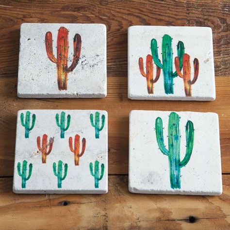 Cactus Coasters, Cactus Motif, Stone Construction, Coordinates Decor, Winter Projects, White Coasters, Travertine Stone, Cactus Decor, Watercolor Cactus