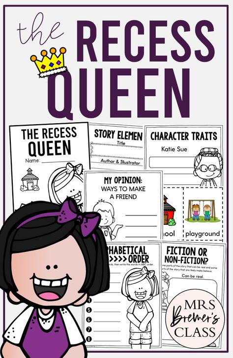 The Recess Queen book study activities unit with Common Core aligned literacy companion activities for Kindergarten and First Grade Recess Queen, Book Study Activities, First Grade Books, Recess Activities, Guided Reading Activities, Guided Reading Books, Kindergarten Reading Activities, Activities For Kindergarten, Kindergarten Books