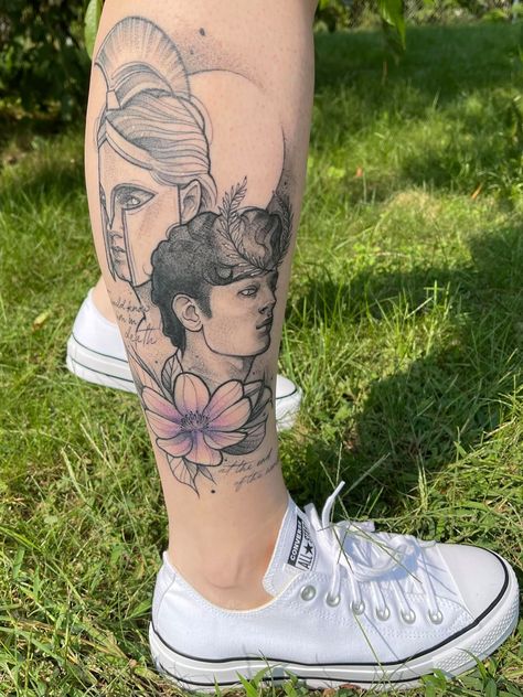 Achilles Patroclus Tattoo, Tsoa Tatoos, Patrochilles Tattoo, Achilles And Patroclus Tattoo, Song Of Achilles Tattoo, Achilles Tattoo, Leg Tats, Book Tattoos, Song Of Achilles