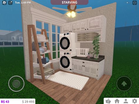 Preppy Bloxburg Laundry Room, Blox Burg Laundry Room, Bloxburg Bathroom And Laundry Room, Laundry Room Ideas In Bloxburg, Bloxburg Garage Ideas Aesthetic Inside, Bloxburg Laundry Room Ideas No Gamepasses, Blockburg Laundry Room, What To Do With Spare Rooms In Bloxburg, Garage Interior Bloxburg