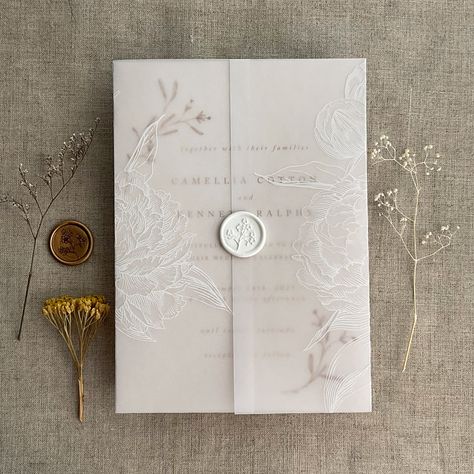 ✦ ITEM DETAILS ✦ printed Vellum wrap *  size 5 (W) x 7 (H) inches when folds - fit the invitation up to 5 inch wide card/ up to 120lb cardstock or 1/8 inch thick acrylic invitation == please measure your card and make sure the size of the card prior to ordering the vellum wraps == 29 lb white translucent vellum paper * white ink print * hand scoring & folded * ready to use * ✦ NO cancellation & NO refund accepted, since the production will start immediately ✦ ✦ Not included- Printed invitation c White Floral Wedding Invitations, Floral Vellum Wrap, Floral Vellum Wedding Invitation, Vellum Wrapped Wedding Invitations, Vellum Paper Wedding Invitations, Wedding Invitation With Vellum, Wedding Invitation Vellum, Wedding Invitations Vintage Elegant, Vellum Wedding Invitations