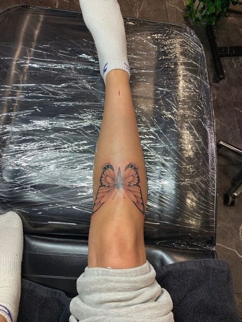 Leg Sleeve Tattoo Knee Down, Butterfly Tattoo On Lower Leg, Shin Butterfly Tattoos For Women, Tattoo Ideas Butterfly Leg, Butterfly Tattoo On The Leg, Back Of Calf Butterfly Tattoo, Butterfly Shin Tattoos For Women, Below Knee Butterfly Tattoo, Leg Shin Tattoo Women