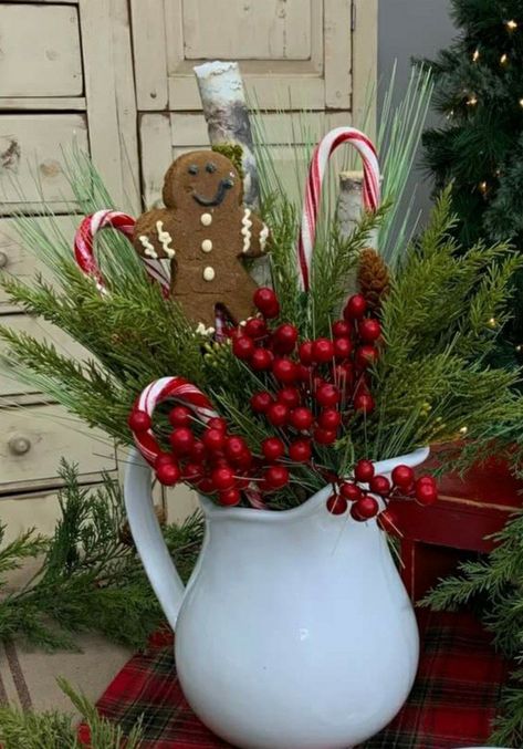 Christmasdecor Holiday Decorating, Farmhouse Christmas Arrangements, White Pitcher Christmas Decor, Rustic Christmas Porch Ideas, Side Porch Decor, Christmas Floral Arrangements Farmhouse, Farmhouse Christmas Centerpieces, Christmas Table Centerpieces Farmhouse, Country Christmas Decorations Farmhouse