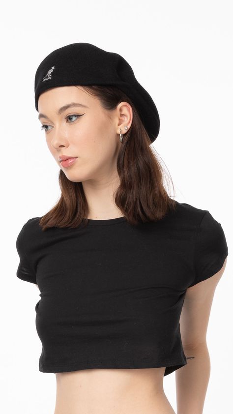 90s-inspired wool beret in black. Embroidered logo in white at front face. 100% WoolImportedDry Clean Only Kangol Beret Outfit, Kangol Caps, Wool Beret, Front Face, Wool Berets, 90s Inspired, Head Accessories, Shopping List, Street Wear