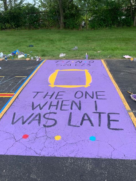 Best Friend Parking Spot Painting, Friends Parking Spot Painting, Parking Spot Painting Junior, Parking Lot Senior Painting, High School Parking Lot Painting, Chalking Senior Parking Spots, Parking Spot Painting, Spot Painting, Parking Spot