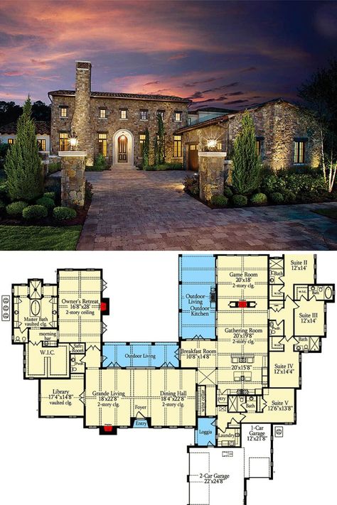 1 Story Mansion Floor Plan, Guest Suite Floor Plan, Tuscan House Plans, Mediterranean House Plans, Mansion Floor Plan, Courtyard House Plans, House Plans One Story, Tuscan Villa, Tuscan House