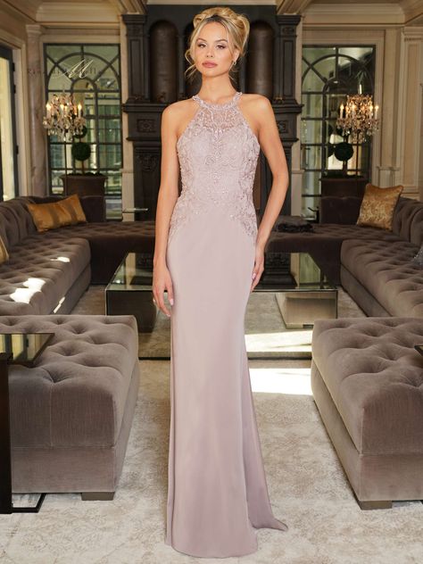 style RD2755 by Rina Di Montella Black Tie Wedding Guest Dress Women, Hairstyle With Halter Dress Neckline, Mother Of The Bride Gown Classy, Brides Mother Dress, Formal Wedding Gown, Black Tie Wedding Guest Dress, Mom Wedding Dress, Beaded Embellishments, Colors Dress