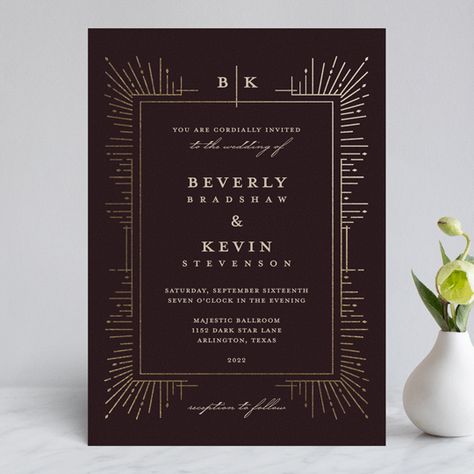 "Geometric Sparks" - Vintage Foil-pressed Wedding Invitations in Midnight by Katie Zimpel. Pressed Wedding Invitations, Wedding Invitation Trends, Foil Stamped Wedding Invitations, Geometric Wedding Invitation, Foil Pressed Wedding Invitations, Formal Wedding Invitations, Dark Wedding, Wedding Favor Stickers, Geometric Wedding