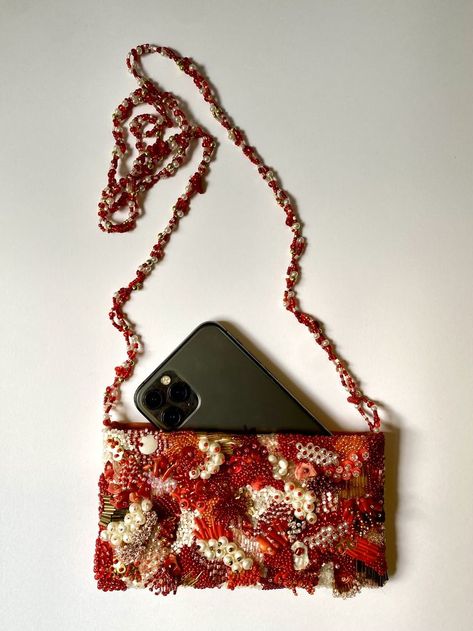 I made this bag myself out of thousends of beads and pearls Embroidery Bags, Pearl Bag, Punch Needle Embroidery, Beaded Bag, Embroidered Bag, Red Bead, Beaded Bags, Diy Embroidery, Red Coral