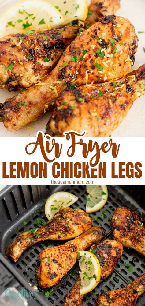 Crispy air fryer lemon chicken legs, a perfect blend of zesty lemon and juicy chicken. Lemon Pepper Chicken Legs Air Fryer, Lemon Chicken Leg Recipes, Lemon Chicken Drumsticks, Easy Chicken Drumstick Recipes, Chicken Legs Recipes, Baked Lemon Chicken, Pizza Salad, Chicken Leg Recipes, Lemon Garlic Chicken