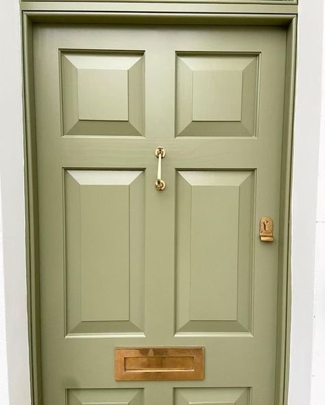 Olive Green Front Door, Green Doors, Green Front Doors, Green Door, Grandmas House, Door Trims, Unlacquered Brass, Brass Door, Door Furniture