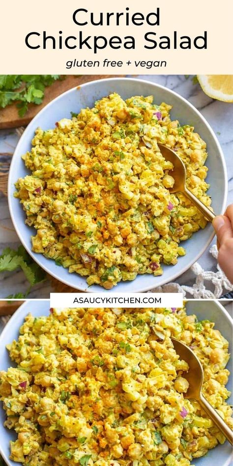 This Curried Chickpea Salad is a medley of crispy, crunchy, creamy textures that's filling, vibrant and easy to make! Enjoy as a side salad or stuff it in wraps and salads for a healthy and delicious meal. | Gluten Free + Vegetarian + Vegan Options Curried Chickpea Salad Recipe, Mashed Chickpea Salad, Curry Chickpea Salad, Curried Chickpea Salad, Chickpea Recipes Healthy, Chickpea Mash, Chickpea Recipes, Tasty Vegetarian Recipes, Chickpea Salad