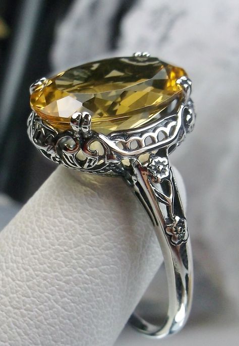 Natural Oval Yellow Citrine 3.8ct Gemstone Solid Sterling Silver Floral/Deco/Edwardian Ring Size (Design #70) Made To Order by SilverEmbraceJewelry on Etsy Yellow Citrine Ring, Edwardian Ring, Yellow Citrine, Citrine Ring, Sterling Silver Filigree, Natural Citrine, Citrine Gemstone, Filigree Ring, Favorite Rings