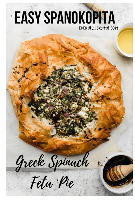 Spanokopita- Easy Greek Spinach Feta Pie. Flakey, golden brown and DELICIOUS. #greekrecipes #mediterranean #pie #spinachpie #cheese #appetizer #baking Pagan Food, Spinach And Feta Pie, Spinach Feta Pie, Feta Pie, Filo Dough, Greek Spinach, Greek Spinach Pie, Feta Recipe, Savory Tarts