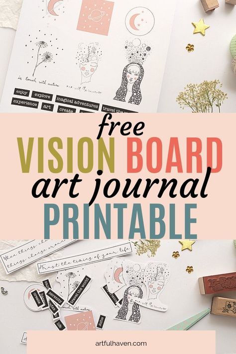 Download the free vision board printables that you can use in your art journal. Then, follow these 7 steps and art journal ideas make a vision board in your art journal. #visionboard #artjournal #artjournaling #freeprintable Vision Board Art, Bullet Journal Vision Board, Vision Board Journal, Free Vision Board, Work Vision Board, Make A Vision Board, Vision Board Diy, Vision Board Printables, Vision Board Template