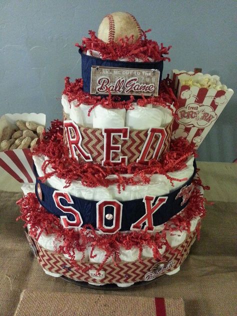 Baseball diaper cake -Red Sox Baseball Diaper Cake, Unique Diaper Cakes, Sports Crafts, Baseball Baby Shower Theme, Sports Baby Shower Theme, Cake Boy, Sports Baby Shower, Diaper Cake Boy