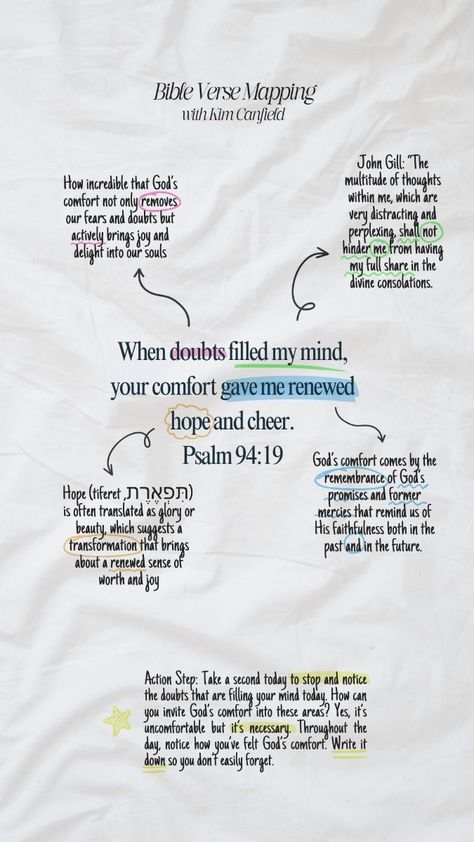 Finding Peace in Psalm 94:19: A Bible Verse for Stress and Fear Verse Mapping Journal, How To Verse Map, Bible Verse Emotions, Bible Verse For Uncertainty, Bible Verse With Explanation, Psalms 94:19 Wallpaper, Psalm 1 Bible Journaling, Psalms 94:19, Verse Mapping For Beginners