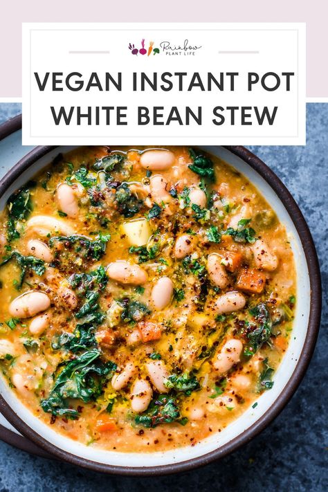 White Bean Soup With Kale, Creamy White Bean Soup, Bean Soup With Kale, Rainbow Plant Life, Soup With Kale, Vegan Instant Pot, Vegan Instant Pot Recipes, Bean Stew, White Bean Soup