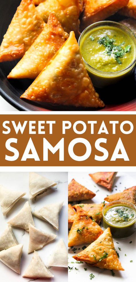 Sweet Potato Appetizers, East Indian Food, Vegan Appetizers Recipes, Vegan Appetizer, Samosa Recipe, Yummy Sweet Potatoes, Ethnic Food, Vegan Appetizers, Recipe Board