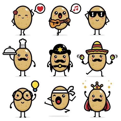 Set of cute potato vector designs Premiu... | Premium Vector #Freepik #vector #food Cute Potato Drawing, Potato Logo Design Ideas, Potato Tattoo Cute, Potato Picture Cute, Potato Drawing Cute, Potato Decorations, Potato Logo Design, Potato Animation, Potato Animated