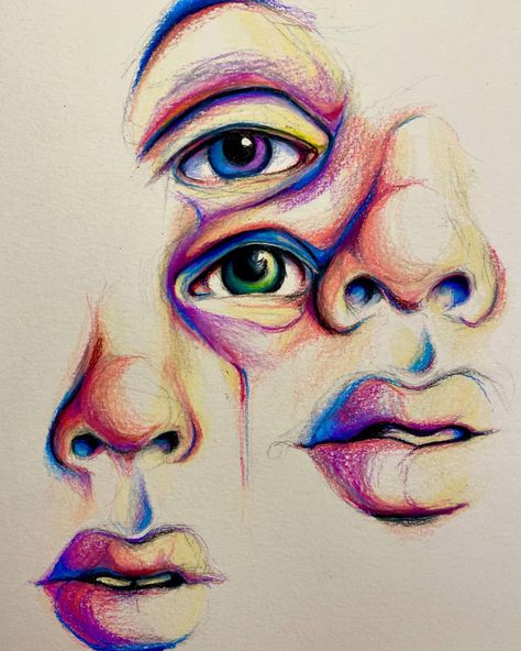 Distortion Drawing, Drawing Of Face, Colored Pencil Artwork Ideas, Colored Pencil Art, Prismacolor Art, Pencil Portraits, Pencil Artwork, Airbrush Designs, Colored Pencil Artwork