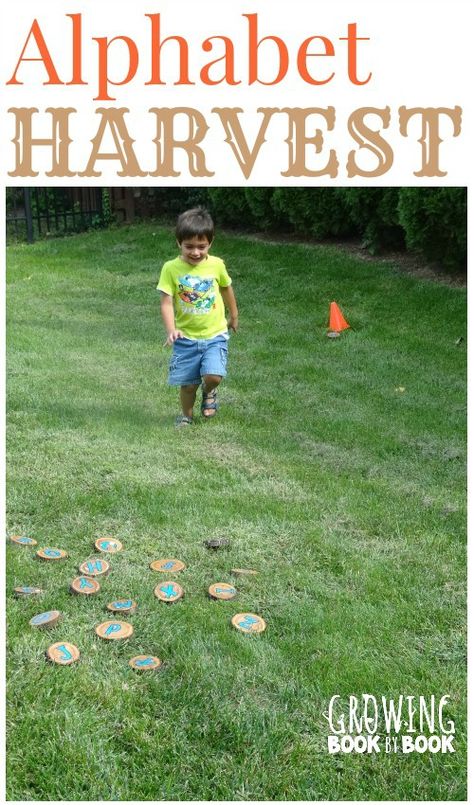 A fun gross motor alphabet activity with a harvest theme twist from growingbookbybook.com #playfulpreschool Harvest Preschool, Preschool Harvest, Fall Prek, Fall Alphabet, Harvest Activities, Autumn Preschool Theme, Eyfs Maths, Harvest Theme, Alphabet Game