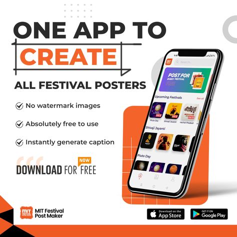 One app to create all festival posters! 🎉✨"

Details Paragraph:
✅ No watermark images
✅ Absolutely free to use
✅ Instantly generate captions

Experience hassle-free poster creation with our Mit Festival Poster Maker. 

Download now: https://play.google.com/store/apps/details?id=app.mitfestival Store Poster, Festival Poster, Free Poster, App Store Google Play, Festival Posters, Poster Maker, Google Play Store, Media Post, Social Media Post