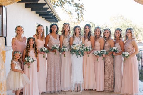 The bride, bridesmaids, junior bridesmaid, and flower girl Bridal Party With Junior Bridesmaid, Junior Bridesmaid Pictures, Junior Bridesmaid Photos, 13 Bridesmaids Pictures, Lre Teen Bridesmaide Dresses, Bridesmaid Dresses Neutral With Pastel Flowers, Bride And Bridesmaid Pictures Wedding Photos Bouquets, Jr Bridesmaid, Bridesmaid Pictures