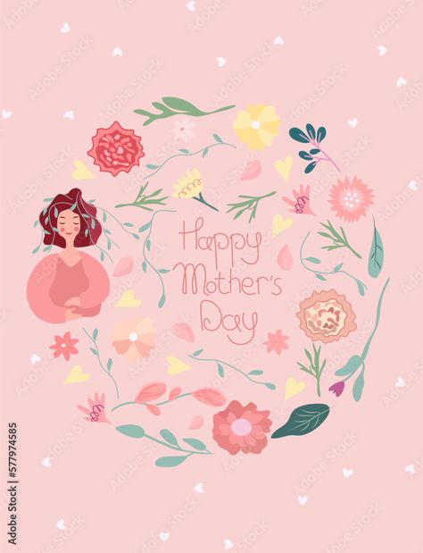 Flowers Carnations, Lady With Flowers, Mother's Day Greeting Cards, Print Designs Inspiration, Summer Flowers, Cute Woman, Vector Graphics, Holiday Joy, Green Leaves