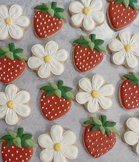 Strawberry 1st Birthday Cupcakes, Strawberry Theme Sugar Cookies, Berry Cookies Decorated, Berry 1st Birthday Party Decorations Diy, Spring Themed Cookies, Farmers Market Sugar Cookies, Strawberry Theme Desserts, Summer Themed Sugar Cookies, Strawberry Themed Cookies