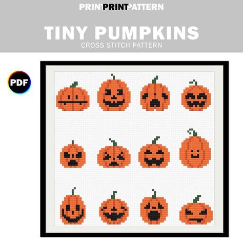 Perler Halloween, Tiny Pumpkins, Pumpkin Cross Stitch Patterns, Halloween Cross Stitch Charts, Not Like The Others, Pumpkin Cross Stitch, Halloween Tablecloth, Scary Funny, Tiny Cross Stitch