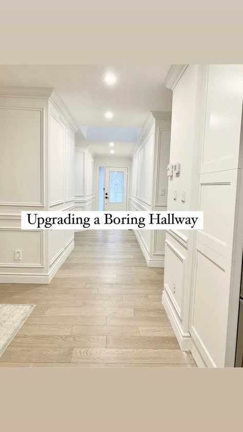 katco_renovations on Instagram: I wanted to update this boring hallway without cluttering it so I decided on a combination of trim work. By combining crown moulding, two… Hallway Trim Molding, Hallway Wall Trim Ideas, Wall Molding Ideas Hallways, Hallway Trim Ideas, Hallway Upgrade, Hallway Transformation, Front Hallway, Wainscoting Styles, Trim Ideas