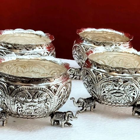 *German silver antique mini lotus 🪷 urli/ prasadam cup with 3 elephant* Size - 4" inch pair 👉Pair Price - 2150₹👈 Whatsapp @9500124371 for orders #Urlis #miniurlis #prasadhambowls #Haldikumkum bowls #antiquebowls #festival shopping #lotusbowls #Germansilvergiftarticles Silver Utensils, Lotus Bowls, Aesthetic Letters, Kitchen Organisation, Silver Items, Return Gift, German Silver, Tamil Nadu, Silver Gifts