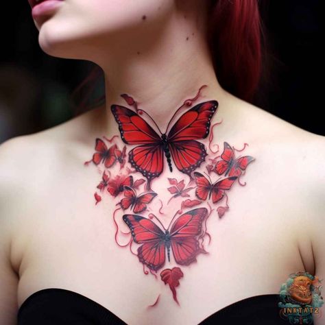 Butterfly Chest Tattoo For Women, Butterfly Throat Tattoos Women, Butterfly Neck Tattoos Women, Black And Red Butterfly Tattoo, Butterfly Throat Tattoo, Tattoo Ideas Belly, Tattoo Designs Infinity, Throat Tattoos Women, Red And Black Tattoo Ideas