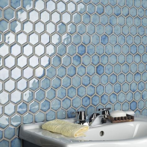 + 11.25 in. width x 12.5 in. length x 0.19 in. thick mesh-mounted mosaic + Glazed, smooth finish with a high sheen and slight variation in tone Fireplace Facade, Mosaic Floor, Merola Tile, Porcelain Mosaic Tile, Tile Saw, Hexagonal Mosaic, House Tiles, Mosaic Flooring, Porcelain Mosaic