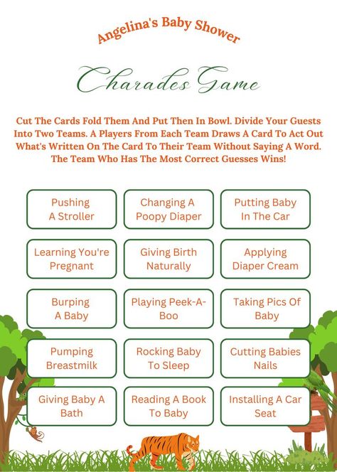 35 baby shower games to entertain your guests in the best possible way. Baby Shower Charades, Car Learning, Jungle Theme Baby Shower, Charades Game, Rock Baby, Jungle Theme, Baby Shower Game, Breast Milk, Baby Shower Games