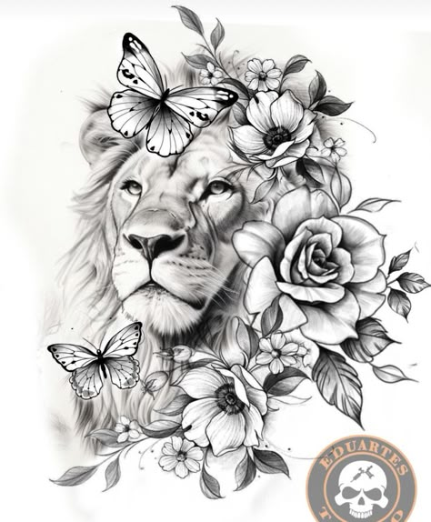 Lion Tattoo With Flowers, Crown Tattoos For Women, Flower Tattoo Stencils, Butterfly Back Tattoo, Lioness Tattoo, Lion Head Tattoos, Fabric Painting Techniques, Tattoos For Women Flowers, Lion Tattoo Design