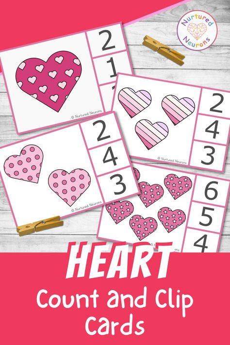 These lovely heart count and clip cards are a simple way to develop those early counting skills. But not only do they get to practice counting and number recognition, the squeezing of clothespins are also a wonderful way to develop their fine motor skills as well! Grab the Valentine's Day math activity over at Nurtured Neurons today! #valentinesday #valentinesdaymath #clipcards #ewinterprintables #earlymath #preschoolmath #kindergartenmath #counting #finemotor #eyfs Counting Clip Cards, Shark Craft, Pattern Worksheet, Learning Skills, Preschool Valentines, Counting Cards, Math Activity, Number Recognition, Clip Cards