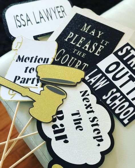 Law School photo props Lawyer Themed Party, Law Party Decorations, Lawyer Party Ideas, Law Themed Party, Call To The Bar Lawyer Party, Law School Party Ideas, Law School Graduation Party Decorations, Law Graduation Party Ideas, Law School Graduation Party Ideas