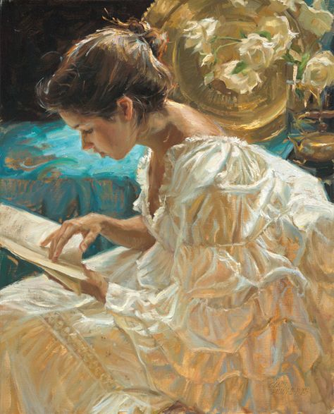 Gladys Roldan-de-Moras, The Good Book, oil, 24 x 30. Woman In White, Woman Reading, Reading A Book, A Book, The Good, A Woman, White Dress, Couch, Reading