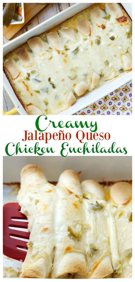 Creamy Jalapeno Queso Chicken Enchiladas White Queso Chicken, Restaurant Enchiladas, Queso Chicken Enchiladas, Jalapeno Queso, Queso Chicken, Enchiladas Chicken, White Queso, Your Family, Creamy Jalapeno