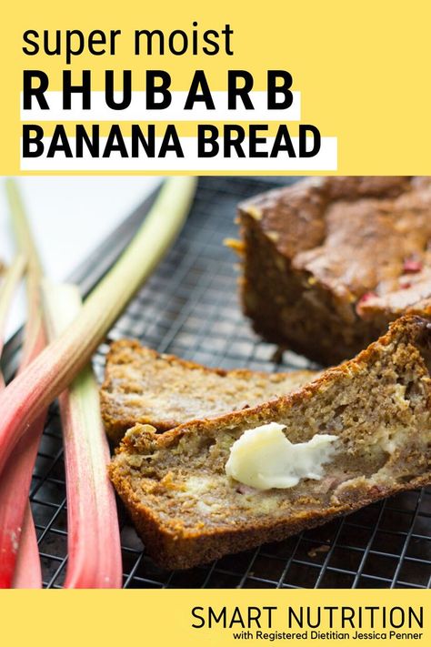 The best use of rhubarb ever! Try this sweet and moist rhubarb banana bread. All those 5 star reviews can't be wrong; it really is the best! #rhubarb #rhubarbrecipes #bananabread #baking #snacktime #dessert #breakfast #bananarecipes Rhubarb Recipes Bread, Rhubarb Banana Bread, Banana Rhubarb, Banana Bread Easy Moist, Rhubarb Desserts Recipes, Rhubarb Bread, Rhubarb Desserts, Recipes Bread, Moist Banana Bread