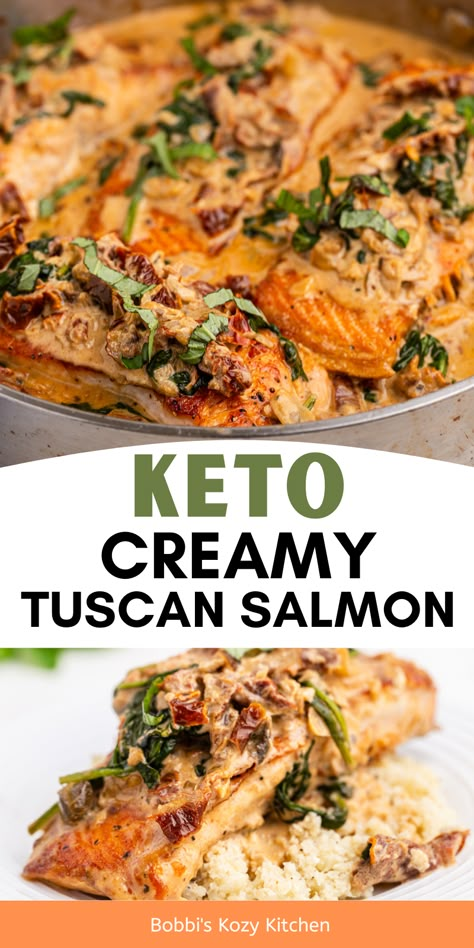 Cream Sauce With Spinach, Keto Salmon Recipes, Creamy Tuscan Salmon, Tuscan Salmon Recipe, Ketone Recipes, Tuscan Salmon, Keto Seafood Recipes, Low Carb Salmon, Salmon Filets