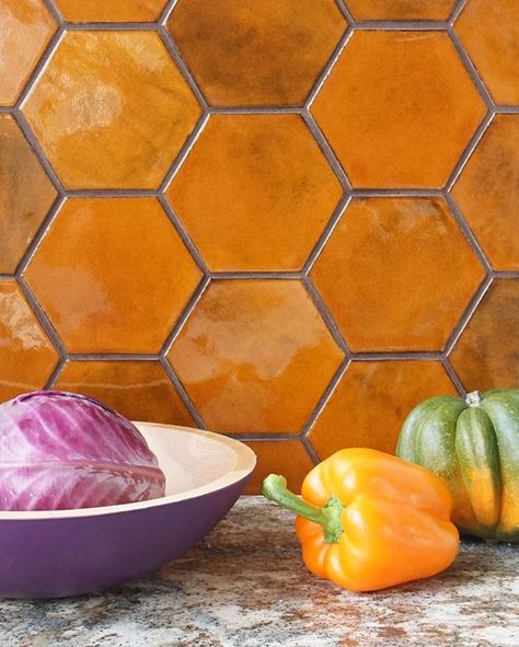 Happy Thanksgiving everyone! Large Hexagons - 1950E Indian Summer Honeycomb Tiles Kitchen, Large Hexagon Tile, Hexagon Wall Tiles, Boho Style Living, Honeycomb Tile, Happy Thanksgiving Everyone, Mercury Mosaics, Hexagon Wall, Orange Tiles