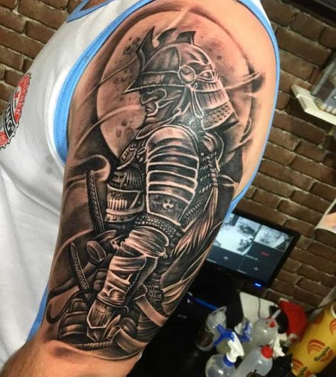 Top 95 Best Upper Arm Tattoo Ideas - [2020 Inspiration Guide] Samurai Shoulder Tattoo, Samurai Tattoo Design Warriors, Ronin Tattoo, Upper Arm Tattoos For Guys, Ninja Tattoo, Japanese Warrior Tattoo, Dollar Tattoo, Samurai Tattoo Sleeve, Warrior Tattoo Sleeve