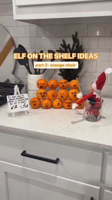 Mallory Lee | Stylish Mom | Dallas, TX on Instagram: "15 DAYS & our elves are coming back to visit! 🎄 SHARE with a mom looking for ideas! Elf on the Shelf Maestro 🍊✨ Bringing a citrusy twist to the holiday cheer with a choir of singing oranges! 🎶🧡 Our elf is conducting the sweetest symphony of the season. . 🎅🏼FOLLOW along to be apart of my -Elf on the Shelf ideas series- where I’ll share a ton of creative ideas that take little to no cost to recreate!  . . .  #ElfOnTheShelf #elfontheshelfideas #kidschristmas #elfontheshelfinspiration #elfideas #momlife #toddlermom #christmastradition #christmasiscoming #christmasmagic #momhack" Elf On Shelf See You Next Year, Elf Ideas With Oranges, Elf On The Shelf Choir Ideas, Elf On The Shelf With Oranges, Choir Elf On The Shelf, Elf On The Shelf Ideas Oranges, Elf On The Shelf Choir, Elf On The Shelf Singing Choir, Elf Oranges