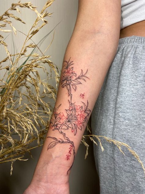 Red And Black Cherry Blossom Tattoo, Different Tattoo Placement Ideas, Korean Tattoos For Women, Red Chrysanthemum Tattoo, Floral Arm Sleeve Tattoo, Red And Black Tattoo, Magic Runes, Handpoke Tattoo, Red Ink Tattoos