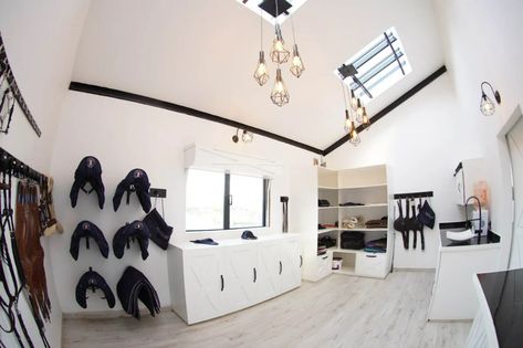 Black And White Tack Room, Tack And Feed Room, Horse Farm Layout, Tack Room Organization, Barn Office, Feed Room, Stable Style, Tack Rooms, Horse Barn Ideas Stables